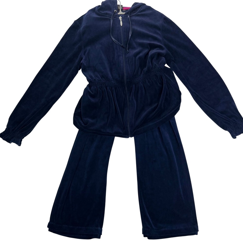 Robert Louis Navy Velour M Tracksuit Set Zip Hoodie Wide Leg Pants‎ Y2K Style